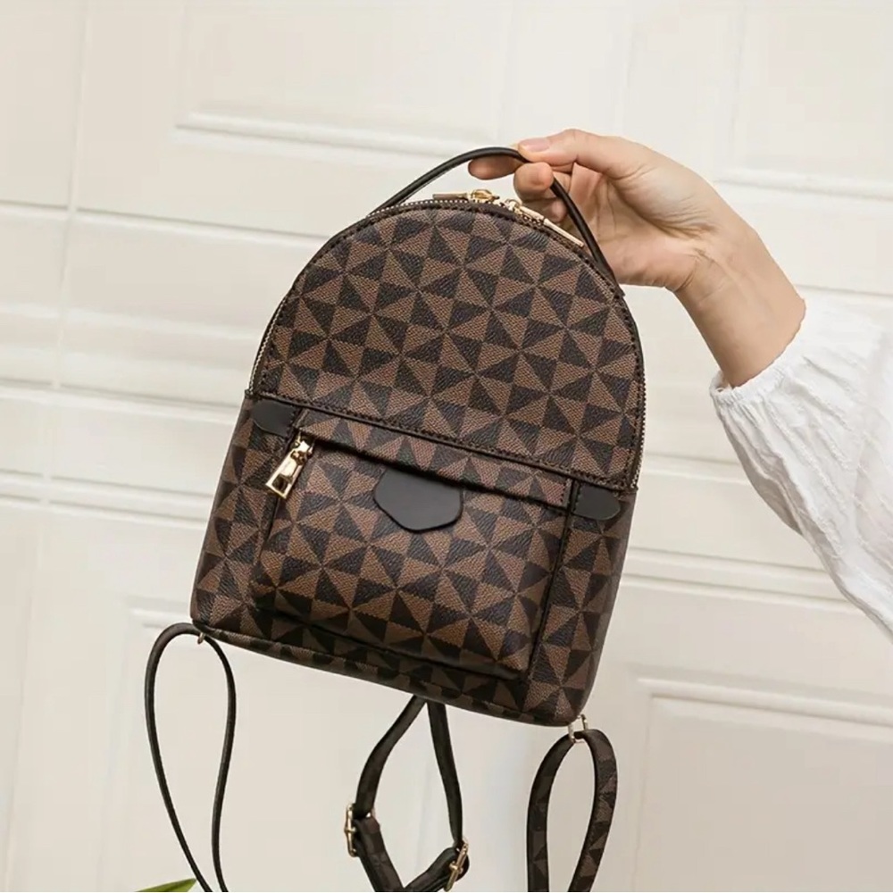 Brown Retro Geometric Pattern Structured Backpack - image 2